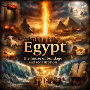 Egypt series poster collage showing bondage, plagues, Passover blood, Red Sea deliverance, wilderness testing, and final separation in Christ.