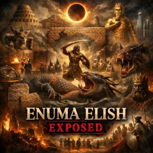 Enuma Elish Exposed cinematic collage showing Babylon, Marduk defeating Tiamat, ancient tablets, and Genesis imagery contrasting myth with biblical creation.