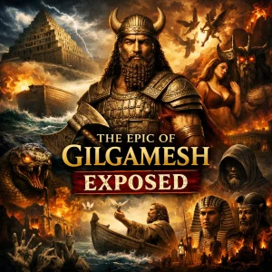 Cinematic collage poster for The Epic of Gilgamesh Exposed: Gilgamesh at center with flood, ark, Babylon, serpent, and pagan gods imagery.