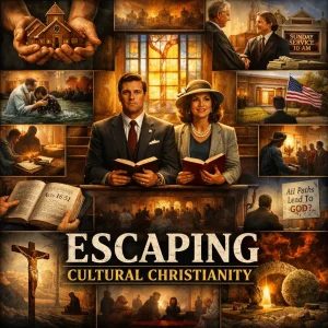 Square collage poster “Escaping Cultural Christianity” showing church rituals, baptism, Bible, handshake religion, and the cross—form without power.
