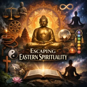 Escaping Eastern Spirituality series poster—cinematic collage with Eastern symbols and a Bible, highlighting karma, yoga, mindfulness, and Christ consciousness.