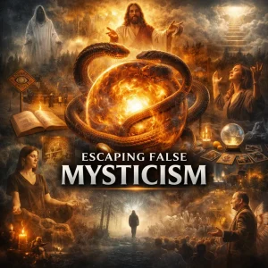 Cinematic collage poster for “Escaping False Mysticism” showing a believer anchored to Scripture amid visions, omens, whispers, and counterfeit light.