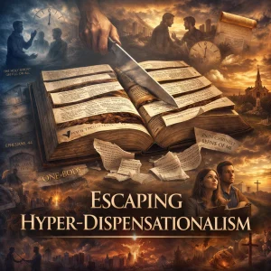 Cinematic poster showing a Bible sliced into sections, symbolizing hyper-dispensationalism, with debate imagery, church symbolism, timelines, and cross-centered contrast.