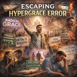 Cinematic collage poster for the Escaping Hypergrace Error series illustrating hyper-grace teaching contrasted with biblical grace, Scripture authority, and Christian discipleship.