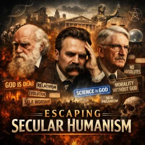 Escaping Secular Humanism series poster featuring Darwin, Nietzsche, and Dewey symbolizing modern humanist thought contrasted with biblical truth.