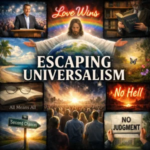 Cinematic “Escaping Universalism” collage poster exposing the no-hell gospel with Scripture, judgment, and the Cross as the only true escape.