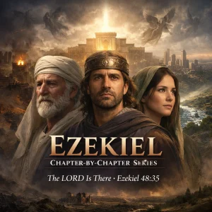 Ezekiel Chapter by Chapter Series poster featuring restored temple, prophetic figures, and “The LORD Is There” Ezekiel 48:35.
