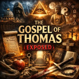 The Gospel of Thomas Exposed series poster showing ancient manuscript, open Bible, cross, and symbols of false gospels contrasted with the authority of Scripture.