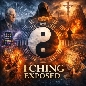 I Ching Exposed series poster with yin-yang, I Ching trigrams/hexagrams, coins, fire and smoke, symbolizing biblical exposure of divination.