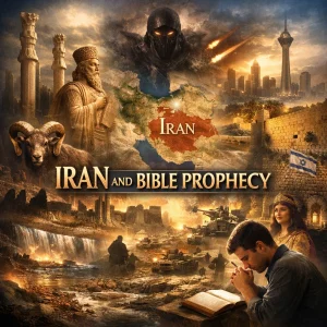 Iran and Bible Prophecy poster collage showing ancient Persia and modern Iran with Daniel, Ezekiel 38, Jerusalem, Cyrus, Esther, and the unseen war.