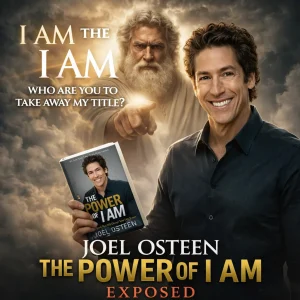 Joel Osteen holding The Power of I Am book with God behind declaring I AM THE I AM in cinematic poster for Joel Osteen The Power of I Am Exposed series