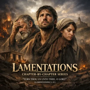 Cinematic Lamentations chapter-by-chapter Bible study poster featuring grieving figures before a ruined Jerusalem cityscape with dramatic lighting.
