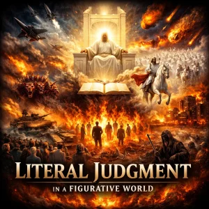 Cinematic Revelation collage showing God’s throne, Babylon burning, Armageddon battle, and lake of fire from the Literal Judgment in a Figurative World series.