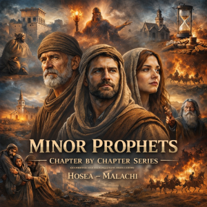 Minor Prophets Chapter by Chapter series poster featuring biblical prophets, judgment scenes, restoration imagery, and Hosea through Malachi study.