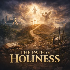 Narrow path leading to glowing cross symbolizing the Christian path of holiness, sanctification, and spiritual growth through Christ.