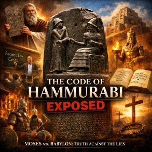 Cinematic poster for The Code of Hammurabi Exposed series showing the Babylonian law stele, Moses and the Ten Commandments, contrasting human law and God’s Word.