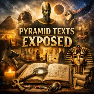 Pyramid Texts Exposed series poster, KJV critique of Old Kingdom Egyptian afterlife spells, Osiris-Horus ladder, Duat, Akhet, and star immortality