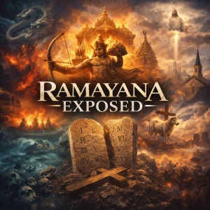 Cinematic collage poster for The Ramayana Exposed series featuring symbolic Ramayana imagery contrasted with biblical themes and spiritual discernment.