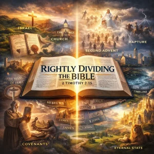 Rightly Dividing the Bible series poster showing an open Bible with prophetic scenes of Israel, the Church, rapture, covenants, and biblical dispensations.