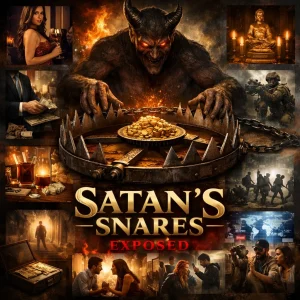 Square cinematic poster of Satan’s snare at center with collage of Bible trap themes—fear, lust, riches, pride, scorn, judgment—titled “Satan’s Snares Exposed”.