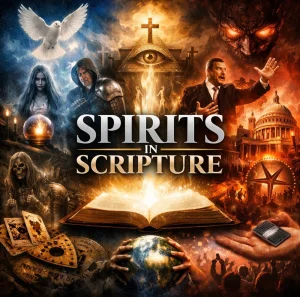 Spirits in Scripture series poster collage with Bible, cross, angels, and warfare imagery, previewing a 25-part KJV study on spirits and truth.