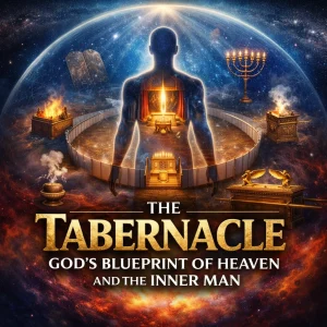 Cinematic collage of the Tabernacle as a blueprint of heaven and the inner man under the firmament dome, with altar, laver, light, bread, prayer, mercy.
