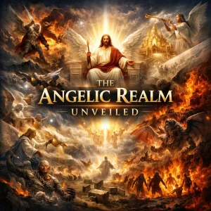 Cinematic collage poster for The Angelic Realm Unveiled featuring Christ, holy angels, fallen angels, judgment, heavenly warfare, and the unseen realm.
