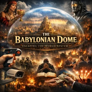 Babylonian Dome series poster showing Mystery Babylon with a golden cup, a beast figure, a city under a glass dome, merchants, fire, smoke, and judgment.