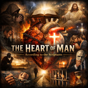 The Heart of Man series collage poster showing a human heart, Bible light, temptation, conscience, cleansing, trials, and judgment in a realistic cinematic design.