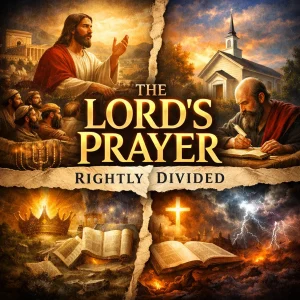 Cinematic poster for The Lord’s Prayer Rightly Divided featuring Christ, Paul, an open Bible, a crown, lightning, and kingdom imagery.