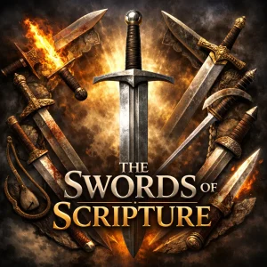 Square cinematic poster with a central glowing sword and surrounding collage of biblical sword scenes, titled “The Swords of Scripture.”