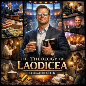 Cinematic collage of Laodicean Christianity showing spiritual blindness, false wealth, lukewarm church culture, and Christ knocking in Revelation 3