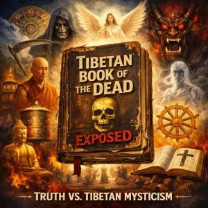 Cinematic collage poster for “Tibetan Book of the Dead Exposed” featuring an ancient Tibetan death manual with skull, monk, Tibetan symbols, demonic shadows, and an open KJV Bible.