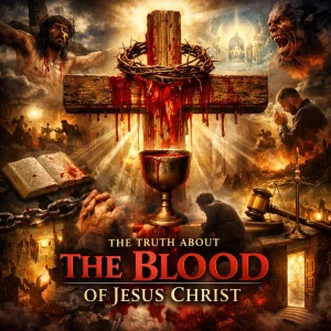 Cinematic collage poster for “The Truth About the Blood of Jesus Christ” showing a cross and blood at center with symbols of redemption, cleansing, and victory.