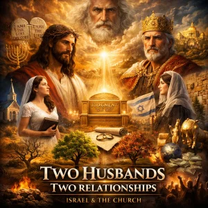 Cinematic poster for Two Husbands Two Relationships showing God the Father, Jesus Christ, Israel, the church, covenant symbols, judgment, and husbandry themes.