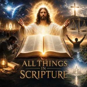 Jesus Christ above an open Bible with scenes of creation, worship, judgment, prayer, and the New Jerusalem in a cinematic All Things In Scripture cover.