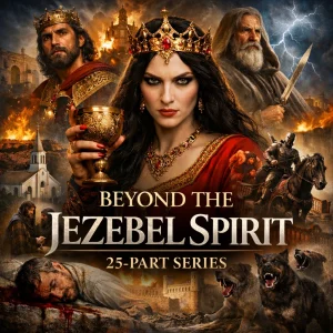 Cinematic poster for the Beyond the Jezebel Spirit 25-part series featuring Jezebel, Ahab, Elijah, Jehu, judgment imagery, and burning city scenes.