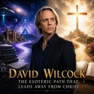 David Wilcock between a cosmic esoteric path and a glowing cross, symbolizing false light, spiritual deception, and the truth of Christ.