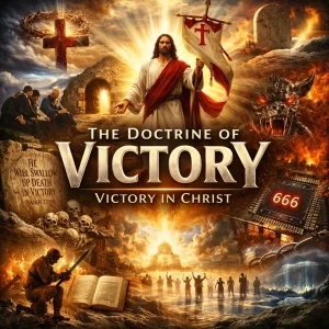 Cinematic collage poster for The Doctrine of Victory showing victory in Christ, resurrection, spiritual warfare, faith, and final triumph over evil.