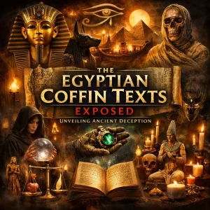 Cinematic collage of Egyptian coffin texts, mummies, hieroglyphs, and occult symbols with The Egyptian Coffin Texts Exposed title in dramatic gold tones.