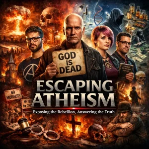 Escaping Atheism series cinematic poster showing atheists, symbols, fire, science imagery, and biblical themes exposing unbelief and pointing to Christ.