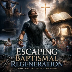 Man breaking free from chains in water beneath a glowing cross, surrounded by scenes of baptism, Scripture, and Christ’s finished work.