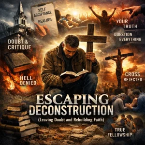 Escaping Deconstruction series poster: man gripping cross and open Bible, surrounded by scenes of doubt, “your truth,” denied hell, rejected cross, and fellowship.