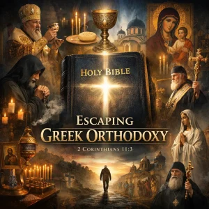 Cinematic poster for Escaping Greek Orthodoxy featuring a glowing Bible, Orthodox clergy, icons, candles, and a lone figure walking toward the light.