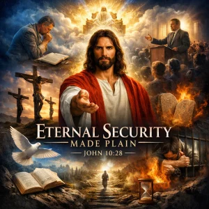 Cinematic Eternal Security Made Plain series image with Jesus centered, heavenly throne, cross, prayer, preaching, Bible, and John 10:28 theme.