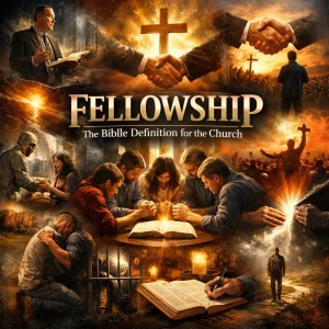 Cinematic collage poster of biblical fellowship: believers praying over an open KJV Bible, cross and handshake, scenes of preaching, giving, suffering, reproof.