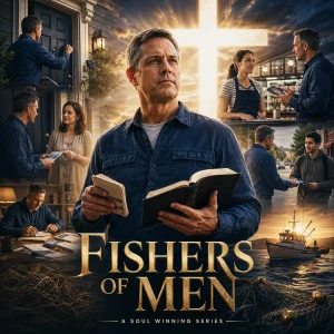 Cinematic Fishers of Men poster showing a Bible-believing soul winner with an open Bible, gospel tracts, door-to-door scenes, nets, and cross light.