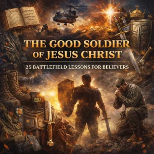 Cinematic split poster: Medal of Honor ceremony beside Christ crowning a praying believer—The Good Soldier: Lessons in Christian Warfare.