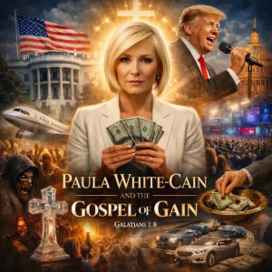 Cinematic poster for Paula White-Cain and the Gospel of Gain featuring Paula White-Cain, money imagery, political symbols, and prosperity themes.