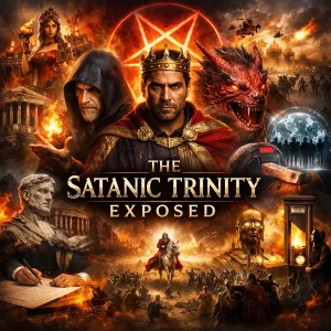 Cinematic collage poster for “The Satanic Trinity Exposed” showing the Dragon, Beast, and False Prophet with Revelation symbols like the mark, image, Babylon, and Armageddon.